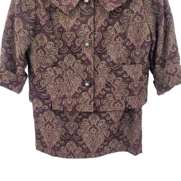 Vintage 8P Petite Womens Tapestry Skirt Set Burgundy Gold Medallion Jacquard - Picture 7 of 16